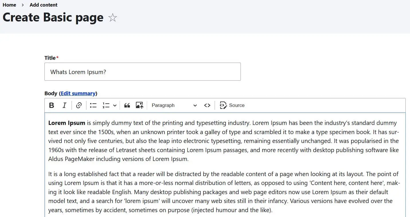 Menu “Create Basic page” in Drupal Image: Menu “Create Basic page” in Drupal