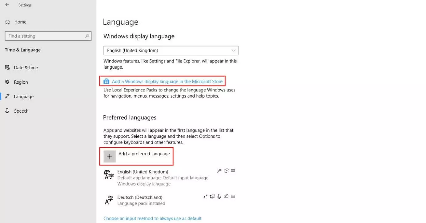 Windows 10: “Language” menu