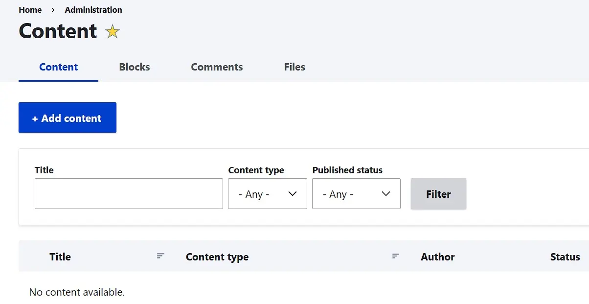 Drupal “Content” menu, allowing you to create a new page Image: Drupal “Content” menu, allowing you to create a new page