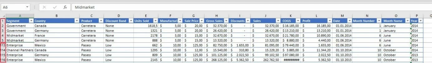 Frozen rows in Excel 2016