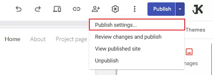 “Publish” menu on Google Sites “Publish” menu on Google Sites