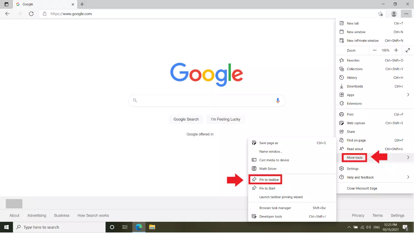 Edge browser menu: “More Tools”, “Pin to Taskbar”