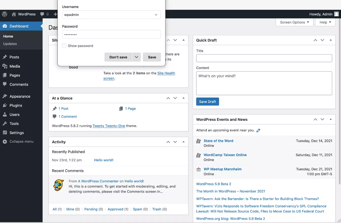 Save credentials for WordPress admin login in Firefox password manager