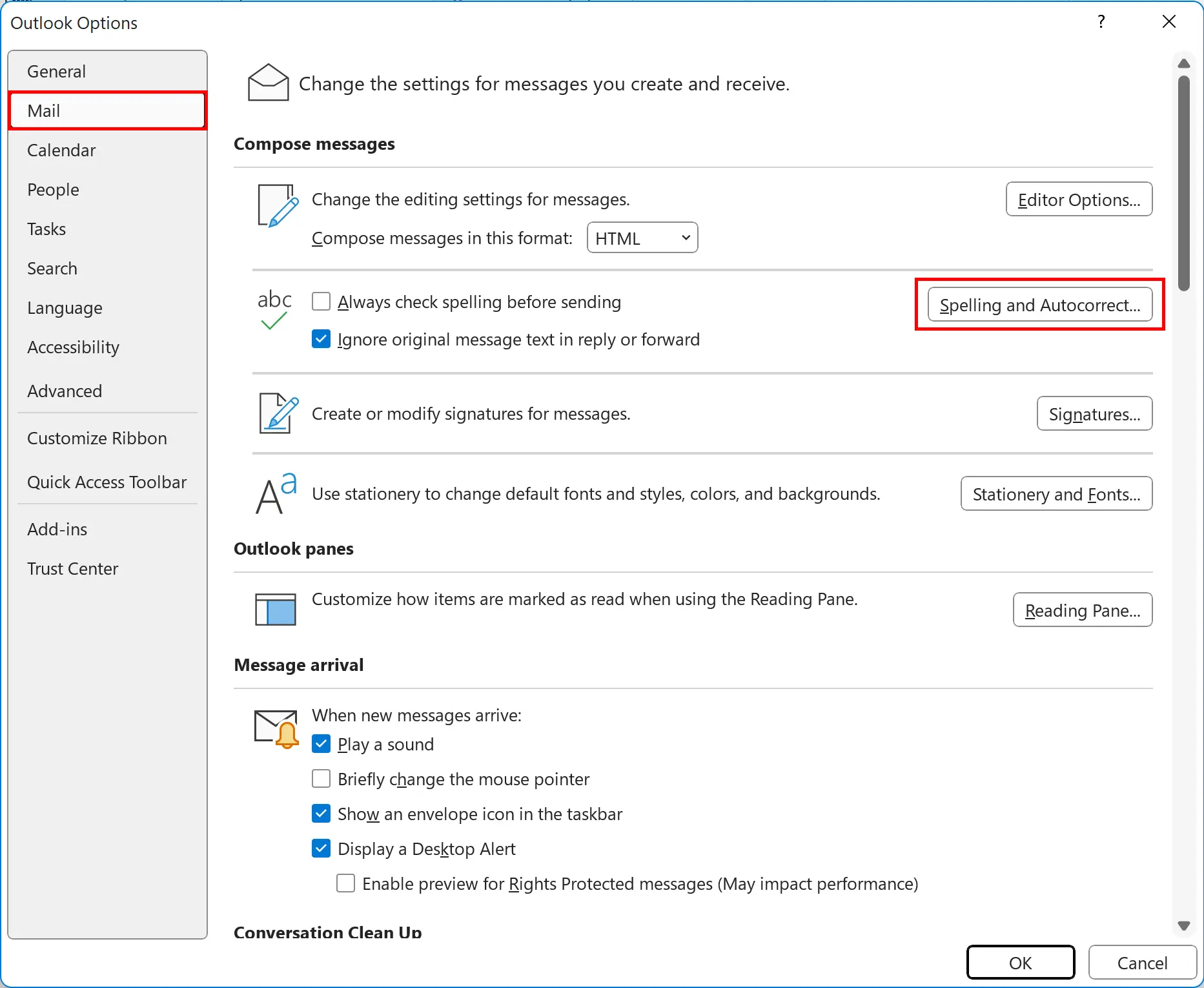 Image: Email section in the Outlook options