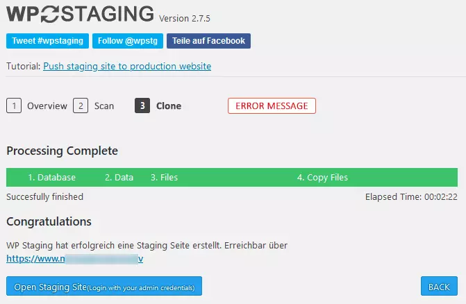 Creating the WordPress test environment with the plugin WP Staging