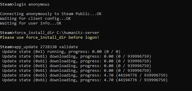 SteamCMD: HumanitZ server installation Image: SteamCMD: HumanitZ server installation