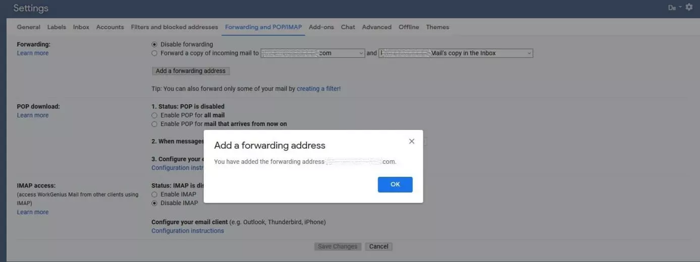 Image: Confirmation message for Gmail forwarding