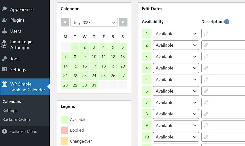 WordPress calendar plugin WP Simple Booking Calendar in the WordPress backend Image: WordPress calendar plugin WP Simple Booking Calendar in the WordPress backend
