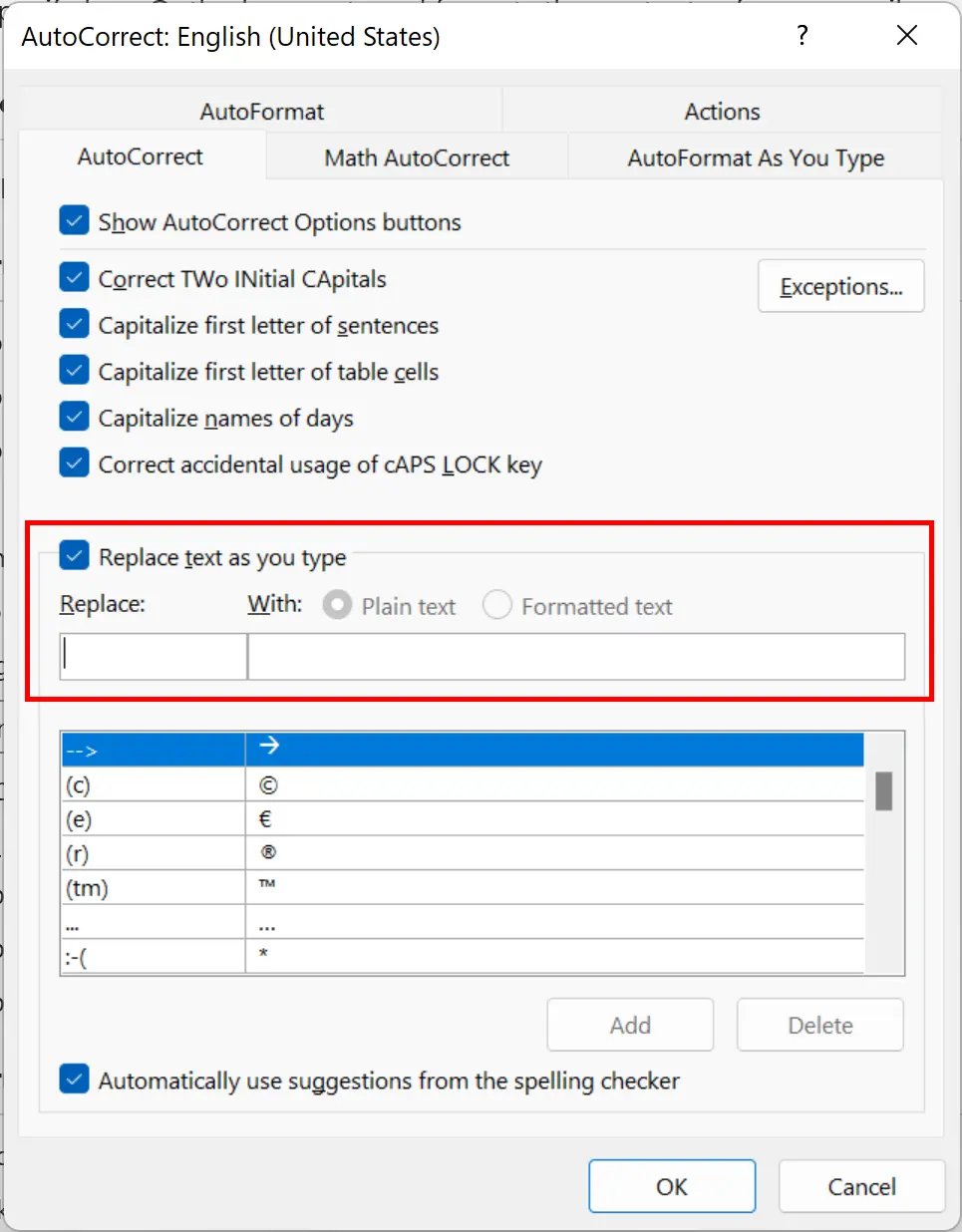Image: Outlook for Windows: AutoCorrect options