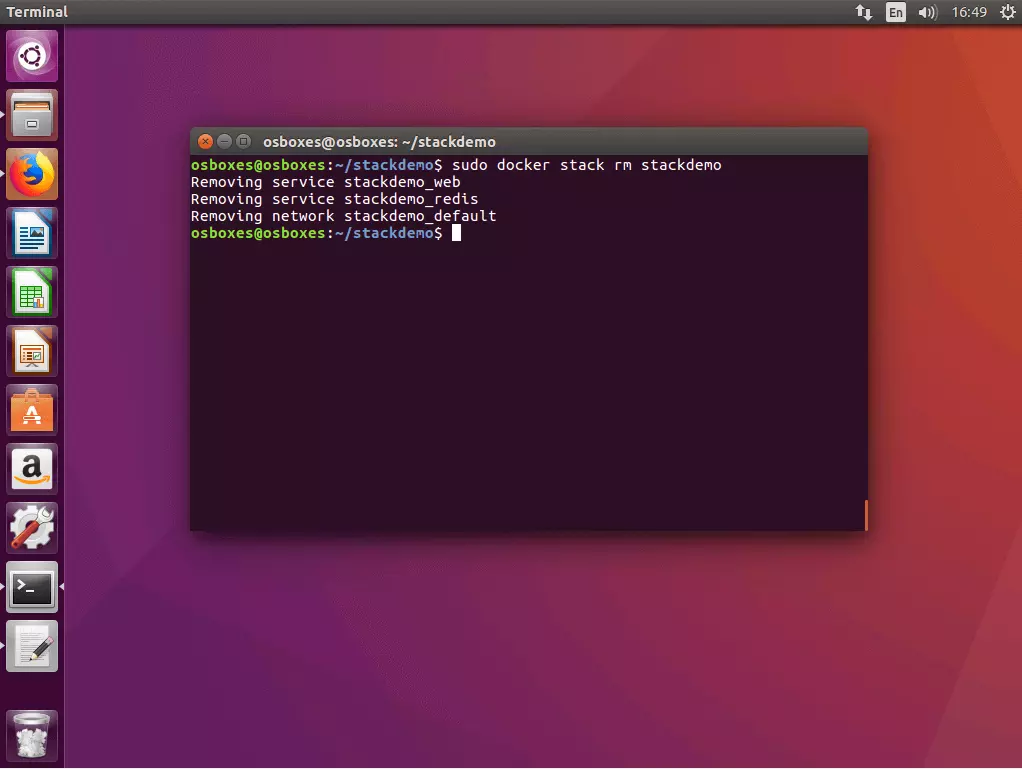 Image: The command “docker stack rm” in the Ubuntu terminal