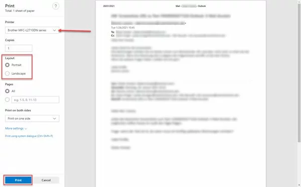 “Print” window in the online version of Outlook