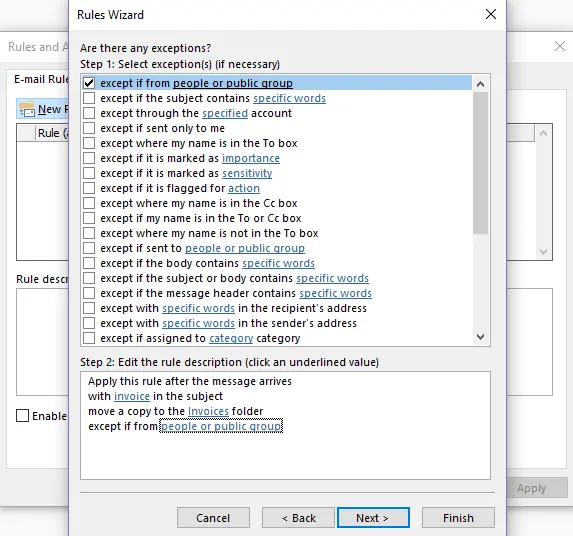 Outlook Rules Wizard: Selecting exceptions Image: Outlook Rules Wizard: Selecting exceptions
