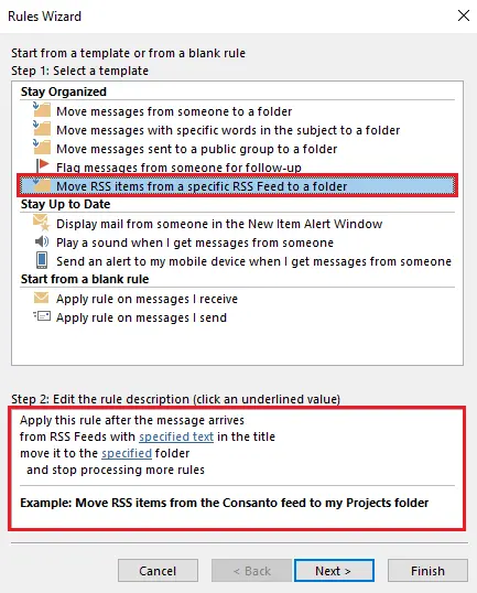 Outlook Rules Wizard: Selecting rules with RSS items Image: Outlook Rules Wizard: Selecting rules with RSS items