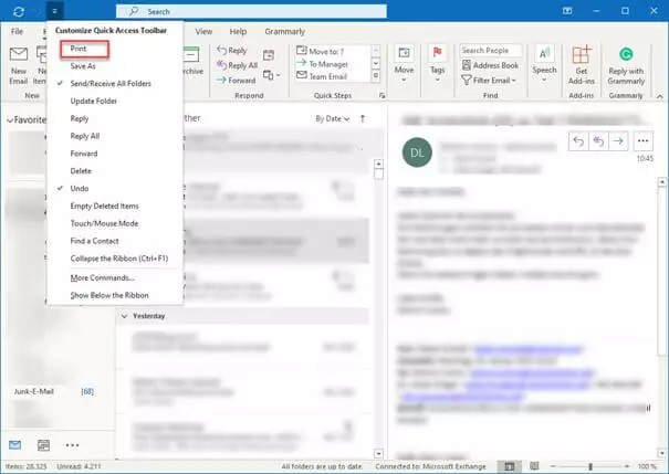 Outlook icon and dialog window “Customize quick access toolbar”