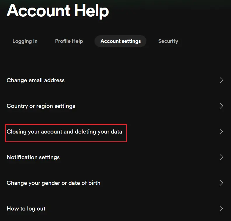 Delete Spotify account: “Account Help” tab Image: Delete Spotify account: “Account Help” tab