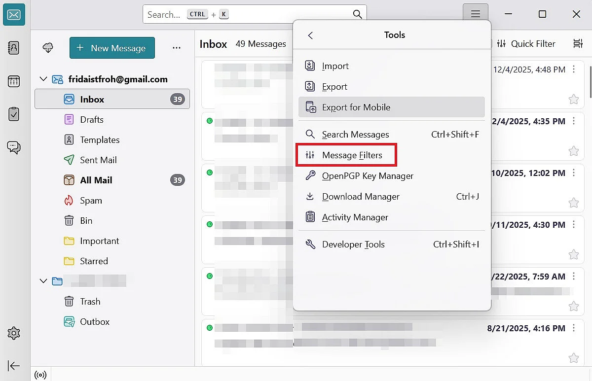 Image: Thunderbird out-of-office: “Message Filters”