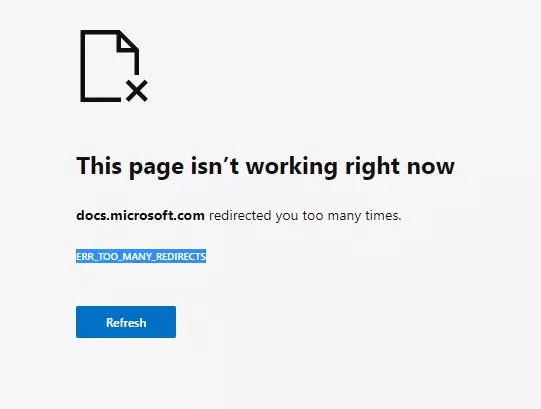 Image: Screenshot of error message ERR_TOO_MANY_REDIRECTS on Edge