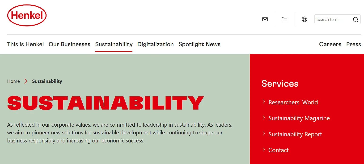 Screenshot of the Henkel website: Sustainability section Image: Screenshot of the Henkel website: Sustainability section