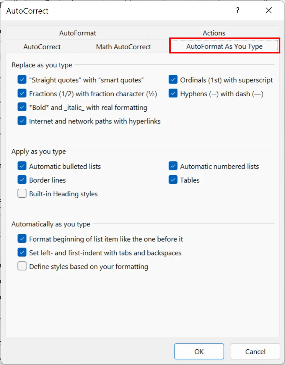 Image: Outlook options AutoFormat As You Type and AutoFormat