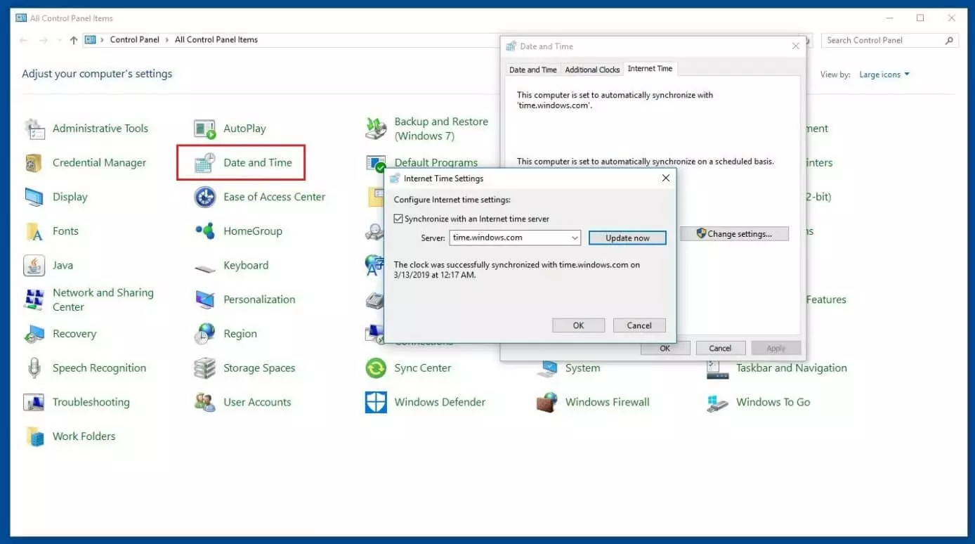 Windows Control Panel and the “Date and Time” menu