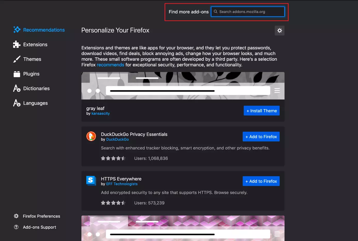 Search for add-ons in the Firefox add-ons manager