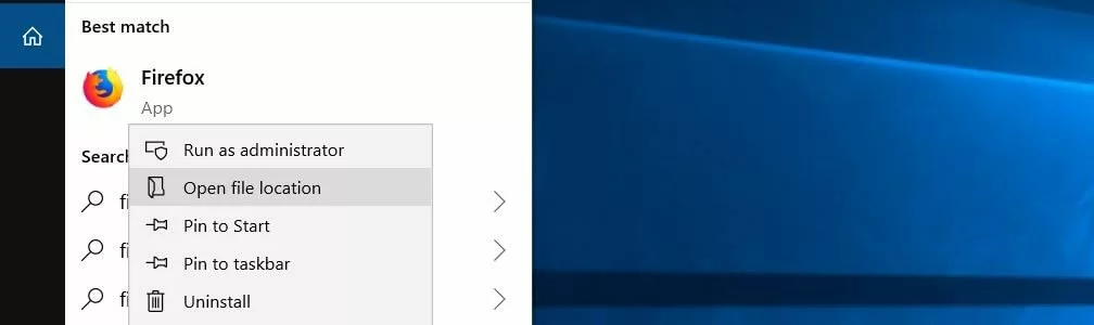 Windows 10: Search result for “Firefox”