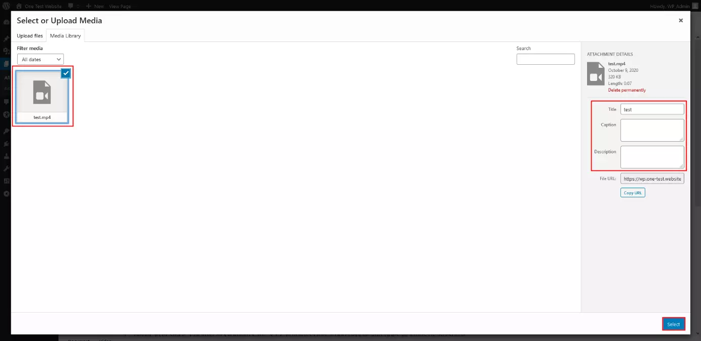 WordPress dialog “Select or Upload Media”