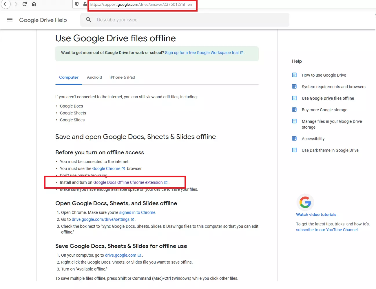 Google Drive Help page about “Use Google Drive files offline”