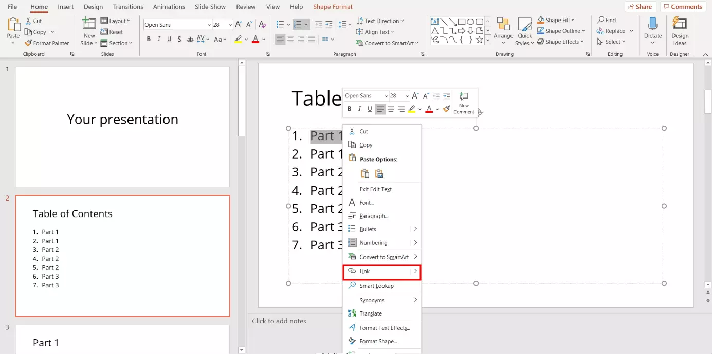 Linking a PowerPoint table of contents: creating links