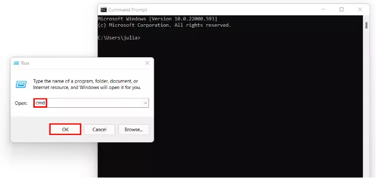 Windows 11: Accessing the command prompt via “Run”