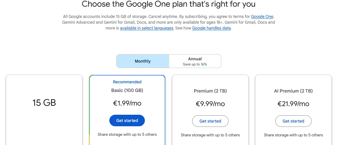 Google One’s different subscription plans (shown here in euros) Image: Google One’s different subscription plans (shown here in euros)
