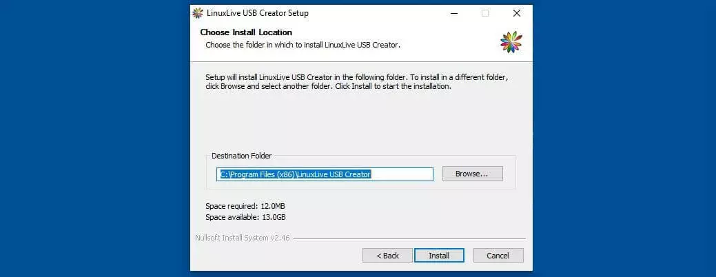 Image: Selection of the installation path for LinuxLive USB Creator