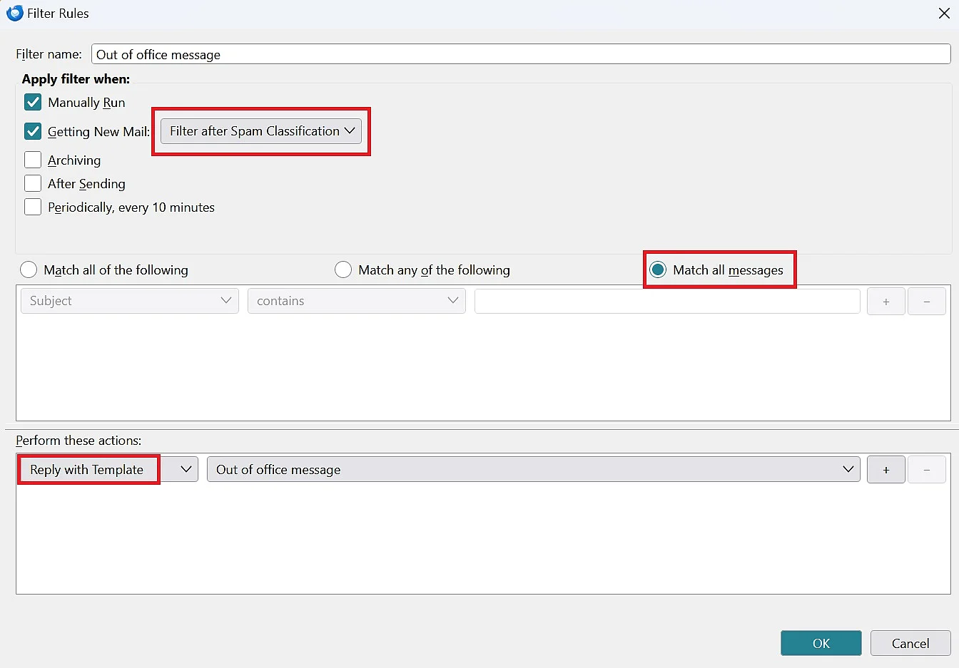 Image: Set up Thunderbird out-of-office: Configure filter