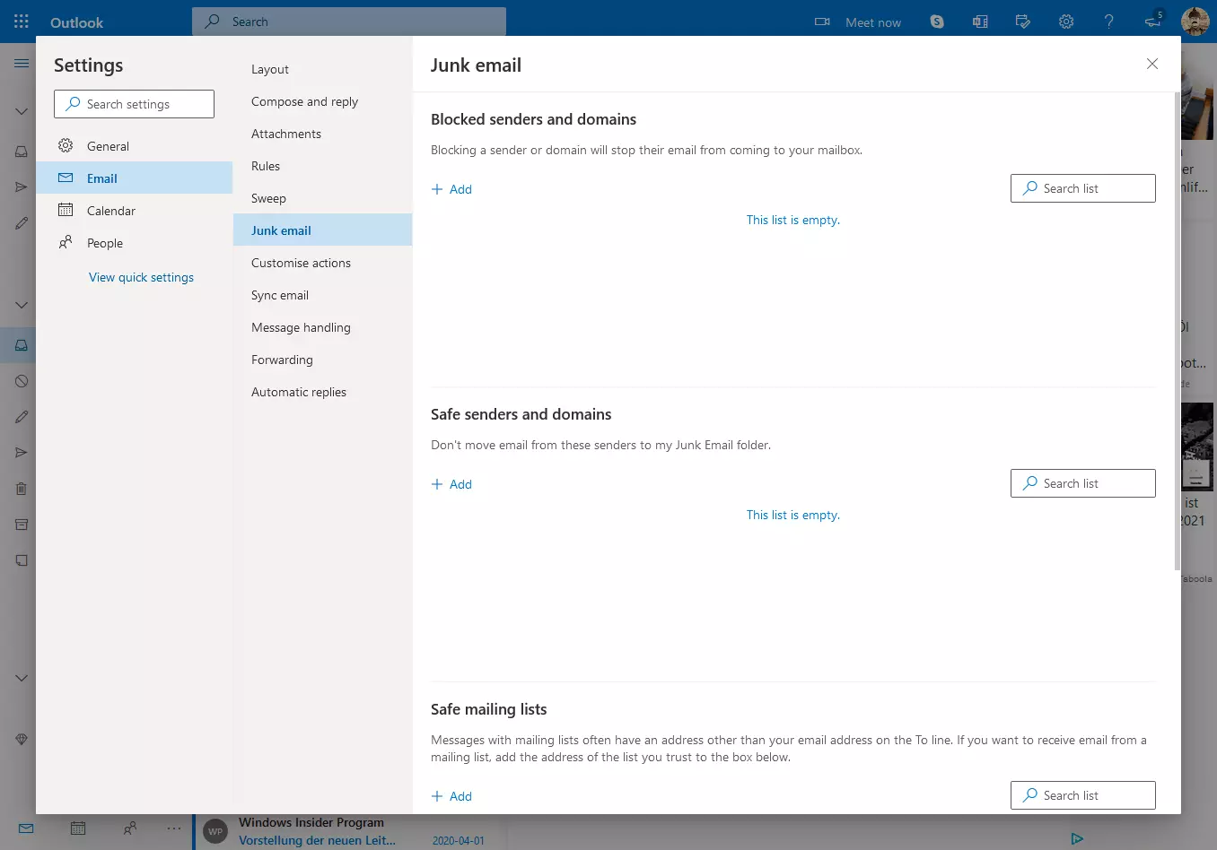 Junk email settings in Outlook.com