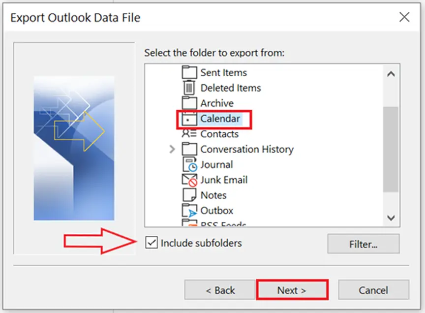 Image: Outlook Import and Export Wizard: Selection of data for export