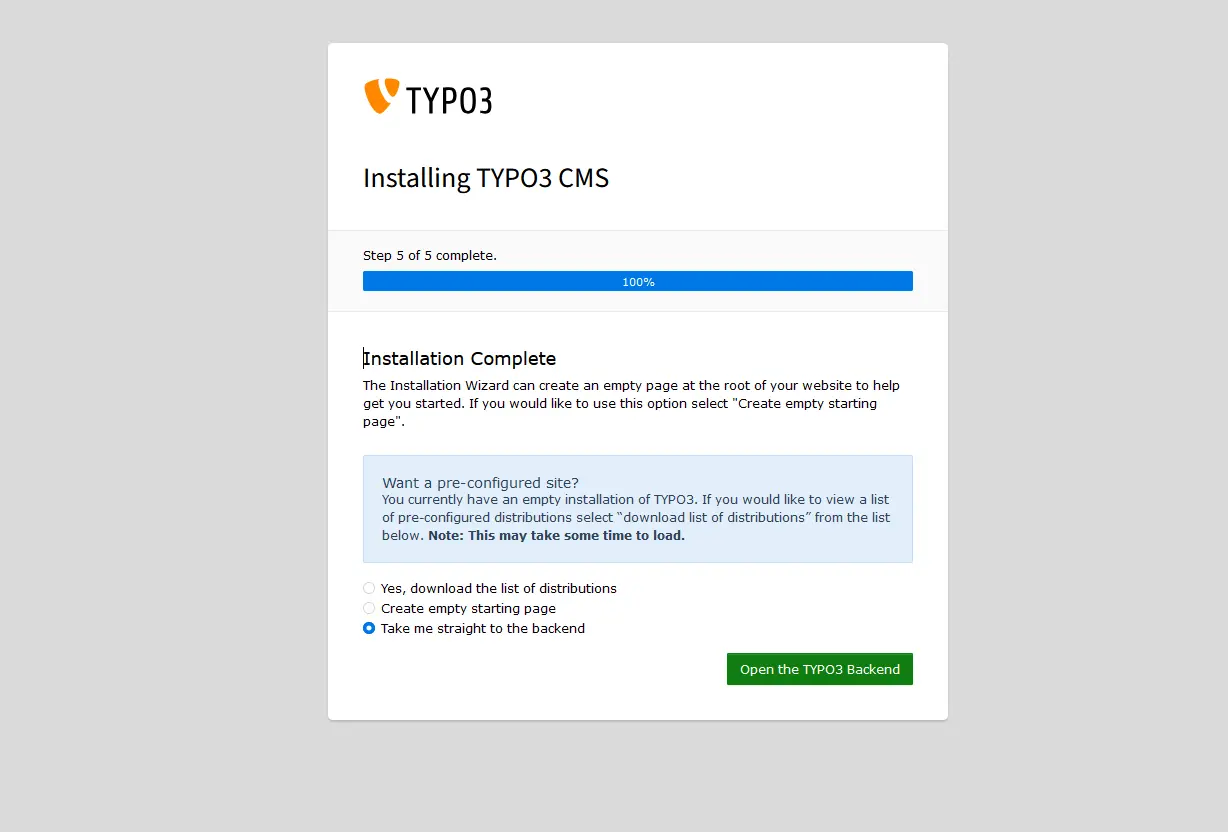 Image: TYPO3 installation completed