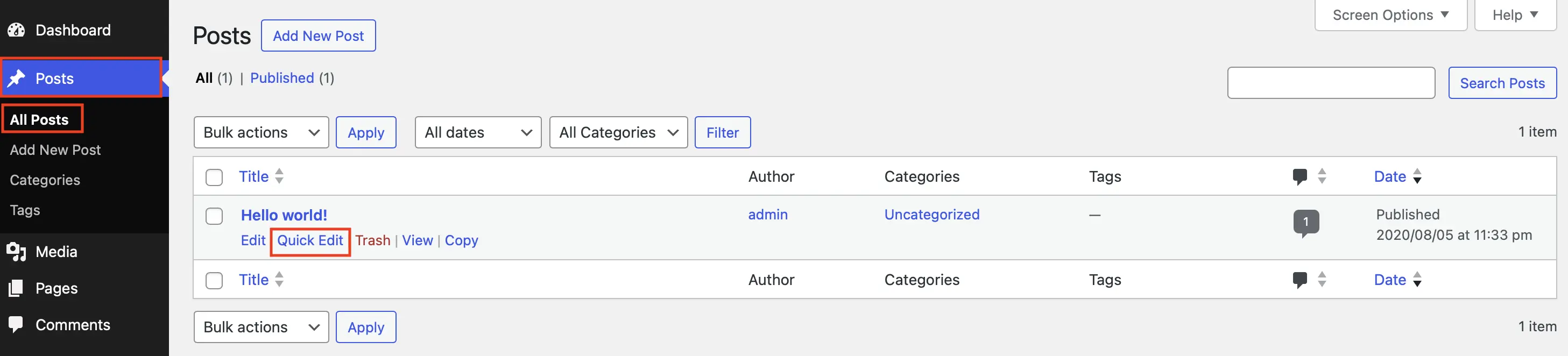 “All Posts” page in the WordPress backend with the “Quick Edit” button are highlighted Image: “All Posts” page in the WordPress backend with the “Quick Edit” button are highlighted