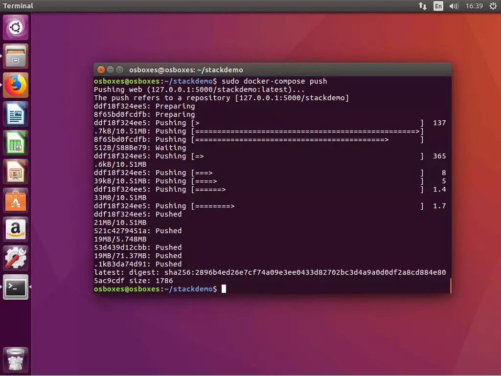 Image: The command “docker-compose push” in the Ubuntu terminal