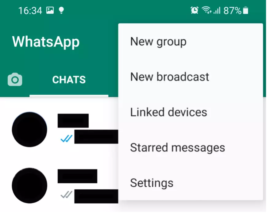 Image: Screenshot of WhatsApp with the navigation menu open