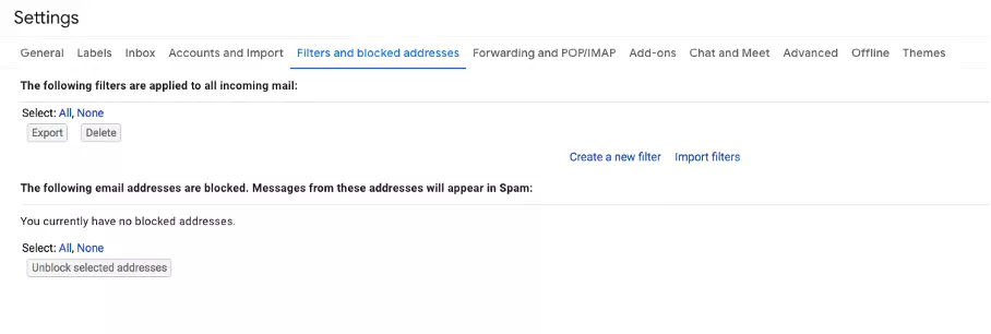 Screenshot of the Gmail filter settings
