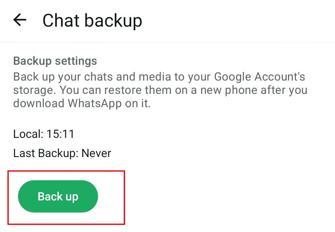 WhatsApp chats will be backed up after tapping “Back up”. Image: WhatsApp chats will be backed up after tapping “Back up”.