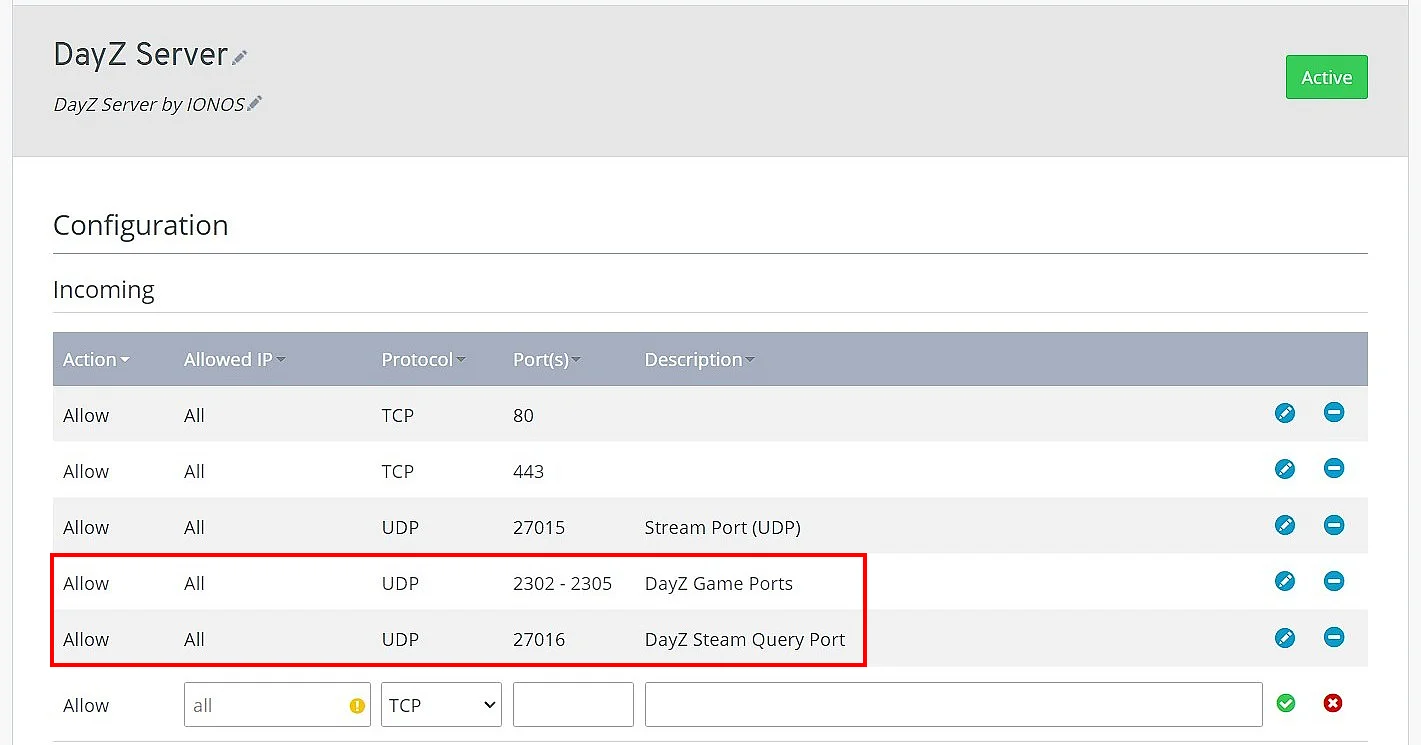 Enabled ports in the IONOS Cloud Panel Image: Enabled ports in the IONOS Cloud Panel