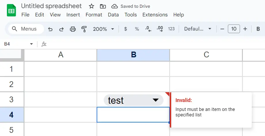 Image: Google Sheets: A warning is displayed for an invalid entry