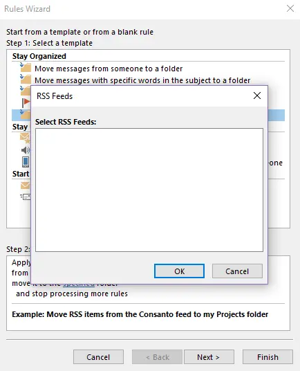 Outlook Rules Wizard: Selecting the RSS feed Image: Outlook Rules Wizard: Selecting the RSS feed