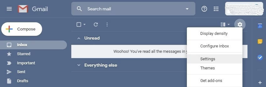 Image: Gmail settings in the drop-down menu