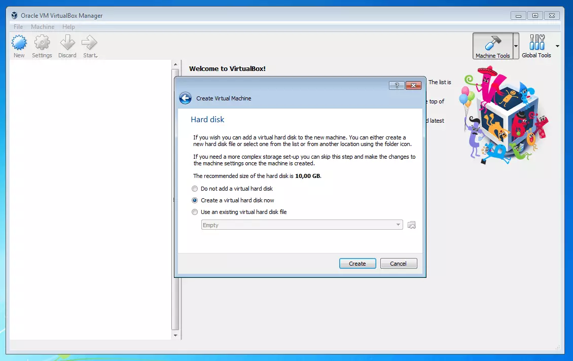 Oracle VM VirtualBox Manager: virtual hard disk selection