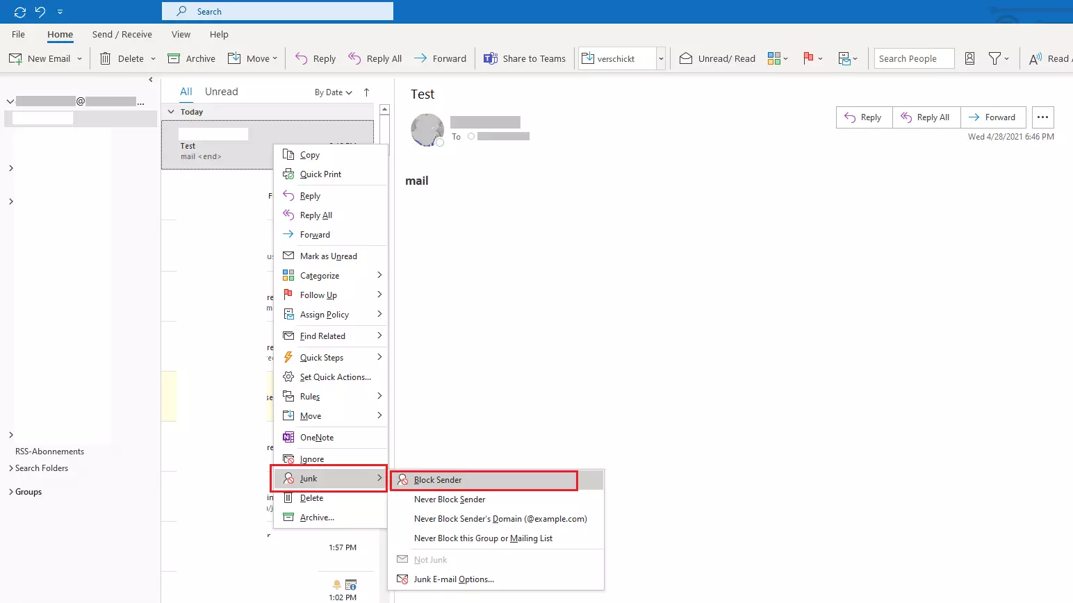 Image: Junk email menu in Outlook