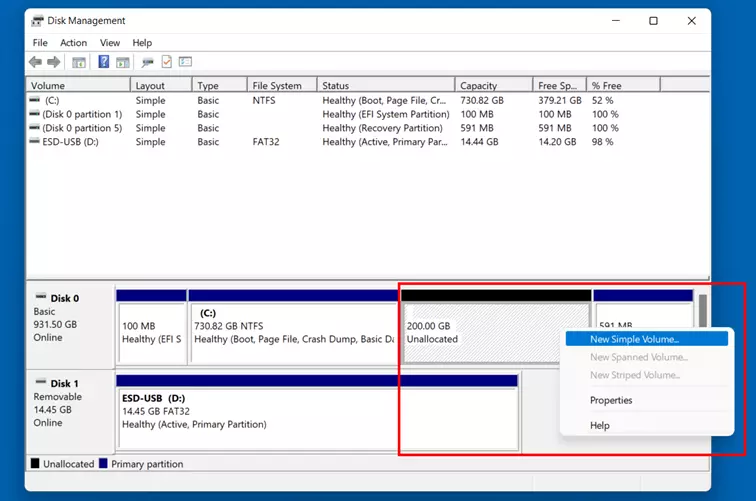 Image: Windows 11 Disk Management: Unallocated storage