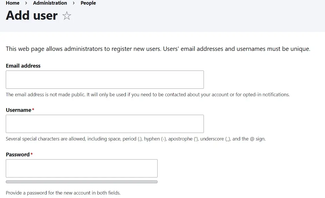 Drupal menu for creating a new user account Image: Drupal menu for creating a new user account