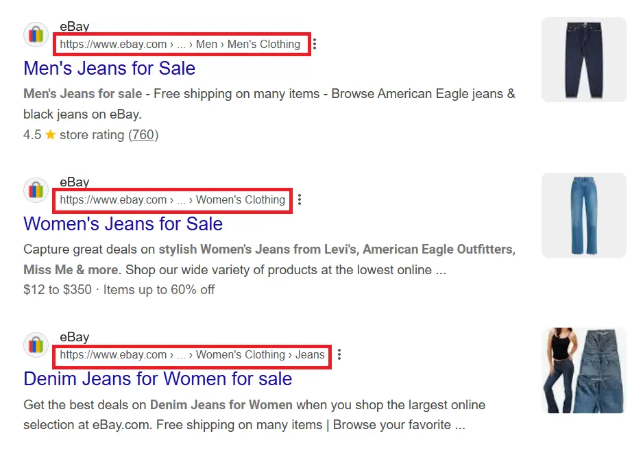 Image: Google search screenshot for “ebay jeans”